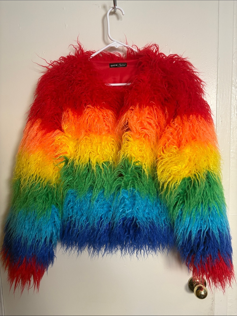 SHEIN Rainbow Faux Fur Puffer Jacket - Red, Orange, Yellow, Green, Blue, Purple